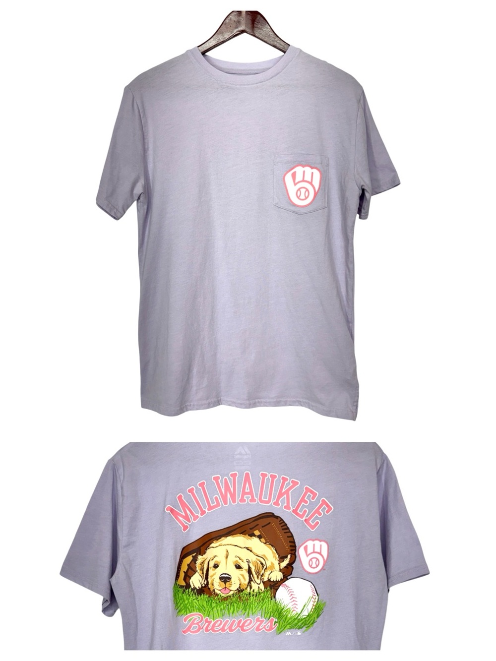 Majestic Milwaukee Brewers Lilac Puppy Graphic Short Sleeve Crewneck Tee